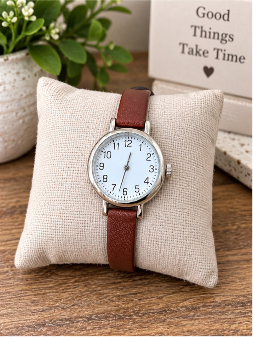 A New Day Womens Quartz Watch Brown Faux Leather Band White Dial 32mm
